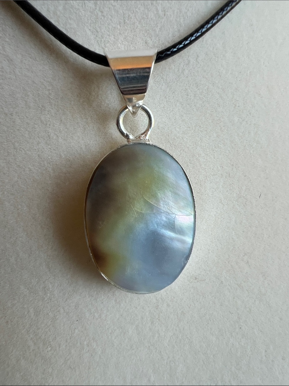 Iridescent Mother-of-Pearl Oval Pendant Necklace